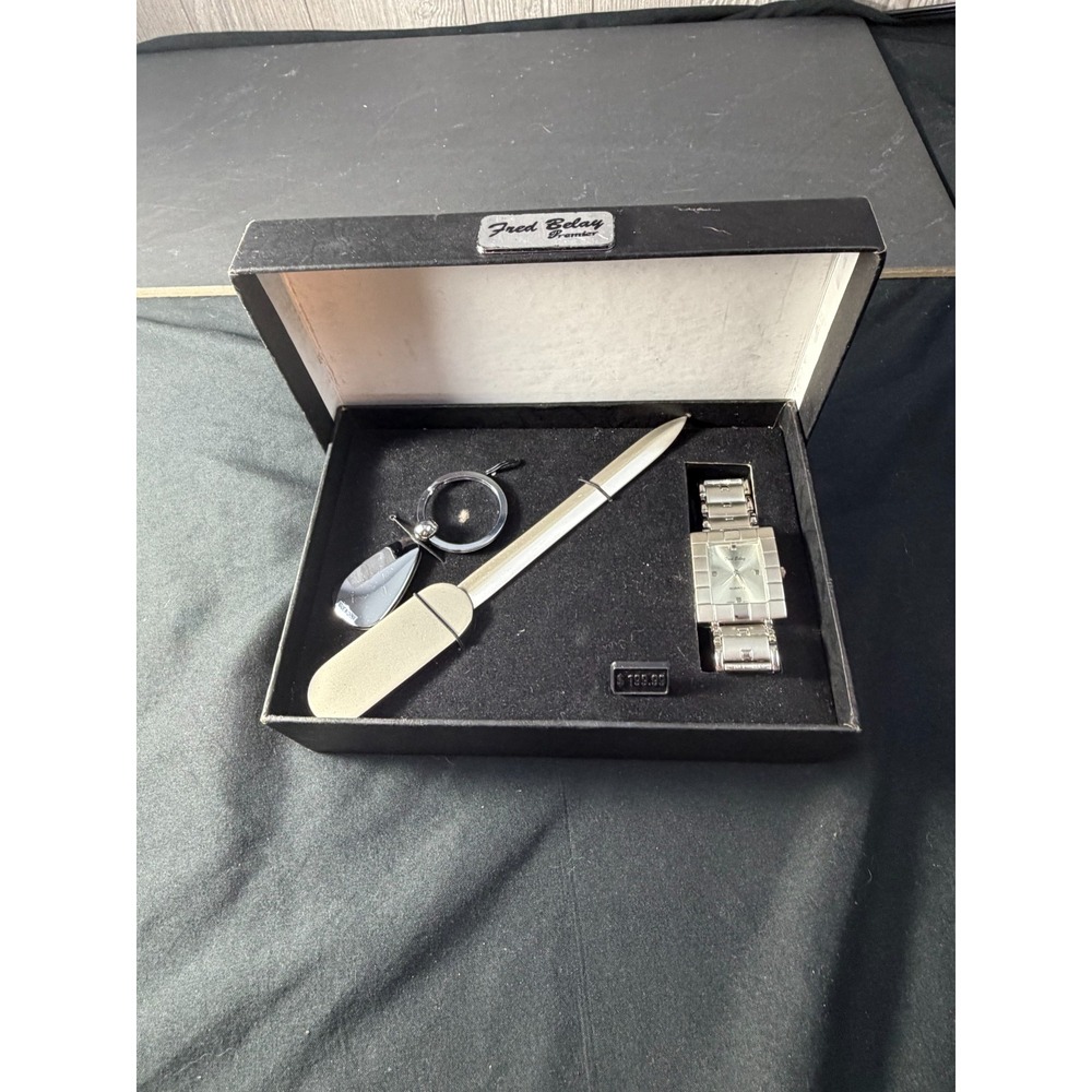 Fred Belay Paris Mens Quartz Watch Silver Rectangle Bracelet Box Accessories